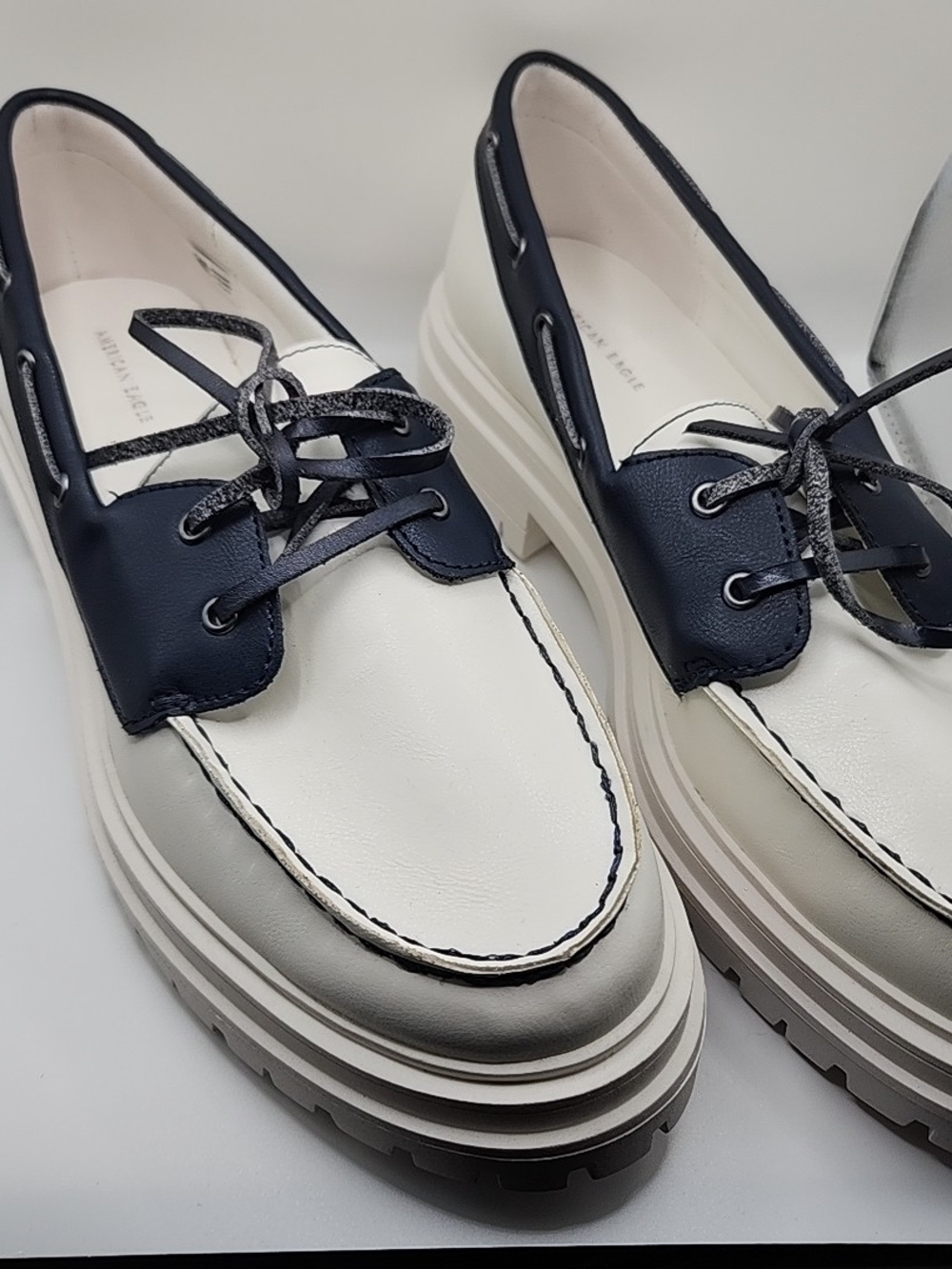 Womens Two-Tone White and Navy Lace-Up Boat Loafers American Eagel brand
